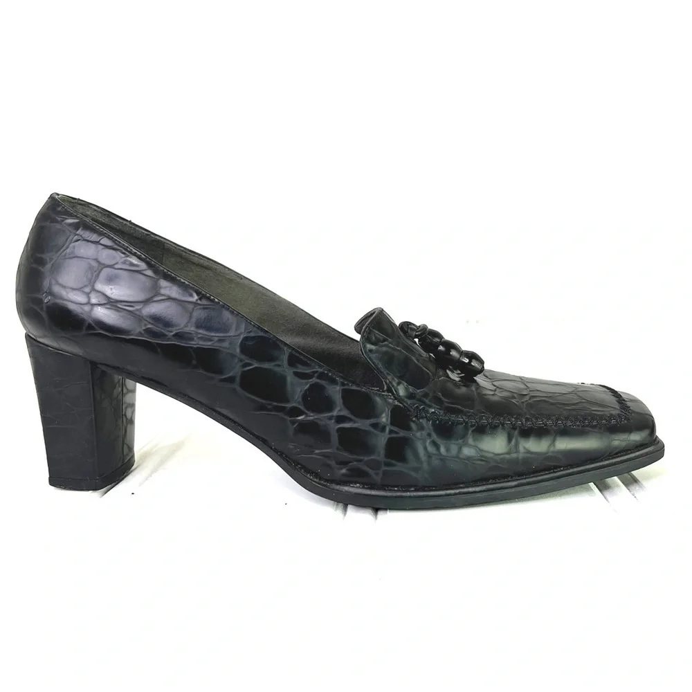 Stuart Weitzman black leather block heels square toe vintage animal prints 8.5 - Picture 1 of 14